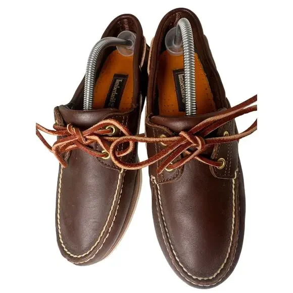 Vtg Timberland Brown Leather White Sole 2 Eye Boat Shoes 74035 Preppy Men Sz 9.5 - Picture 11 of 16